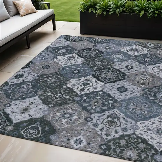 Denim Blue Gray And Ivory Floral Medallion Washable Indoor Outdoor Area Rug Photo 1