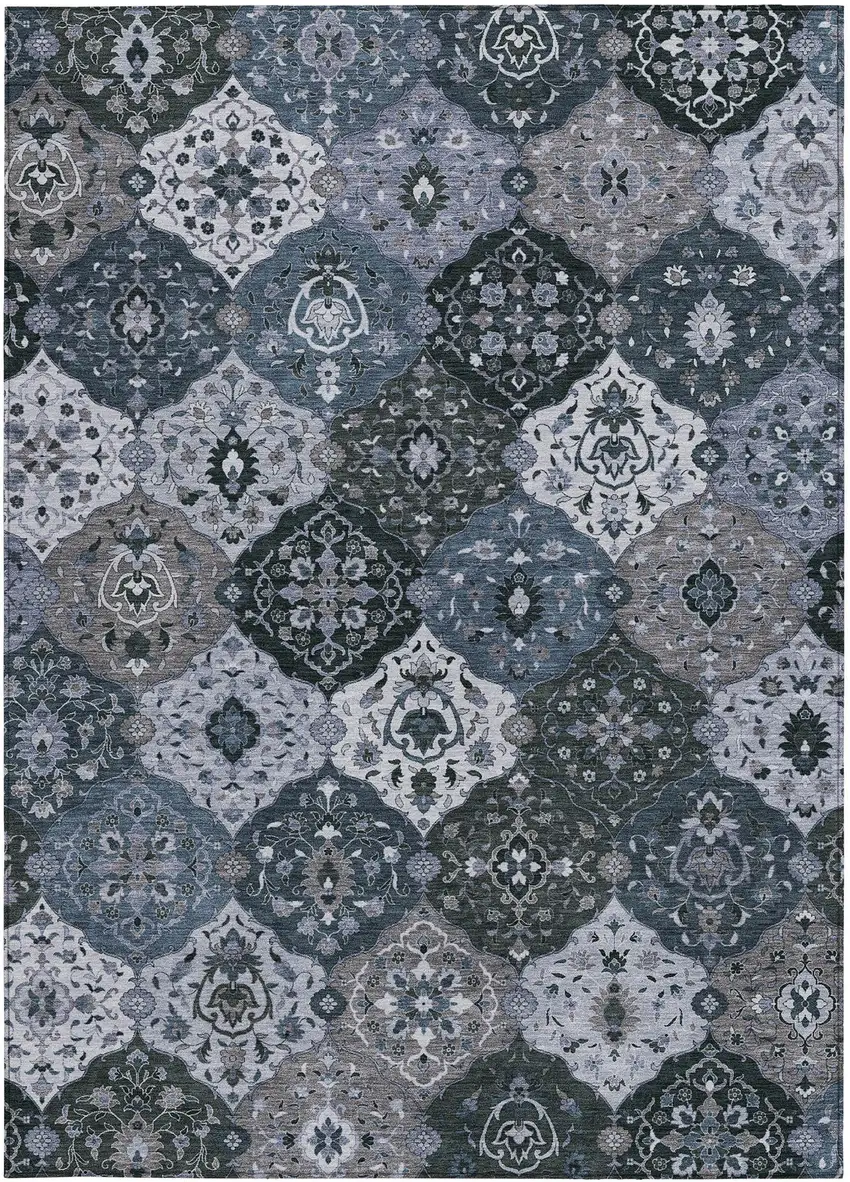 Denim Blue Gray And Ivory Floral Medallion Washable Indoor Outdoor Area Rug Photo 4