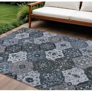 Photo of Denim Blue Gray And Ivory Floral Medallion Washable Indoor Outdoor Area Rug