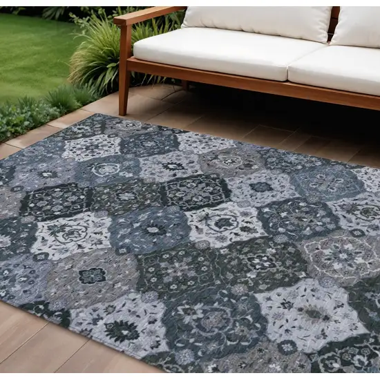 Denim Blue Gray And Ivory Floral Medallion Washable Indoor Outdoor Area Rug Photo 1