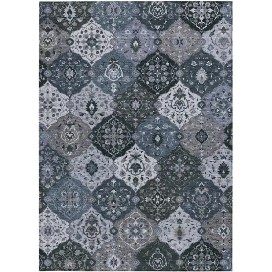 Denim Blue Gray And Ivory Floral Medallion Washable Indoor Outdoor Area Rug Photo 4