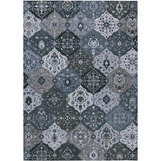 Denim Blue Gray And Ivory Floral Medallion Washable Indoor Outdoor Area Rug Photo 2