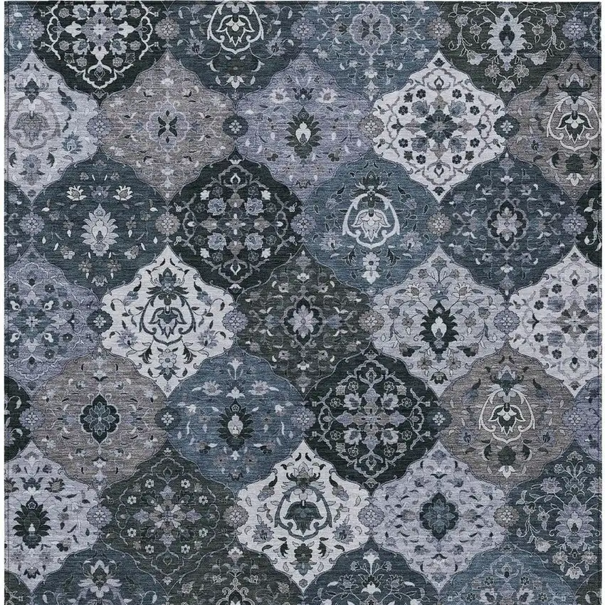 Denim Blue Gray And Ivory Floral Medallion Washable Indoor Outdoor Area Rug Photo 7