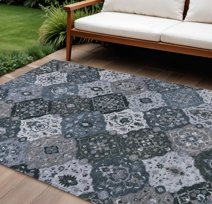 Denim Blue Gray And Ivory Floral Medallion Washable Indoor Outdoor Area Rug Photo 1