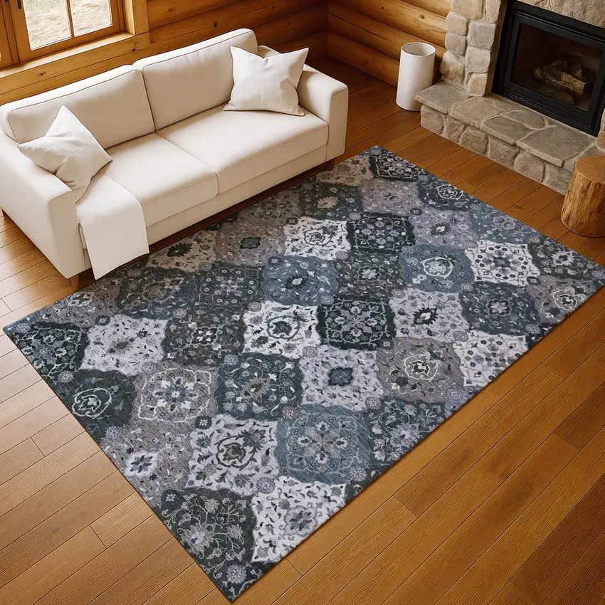 Denim Blue Gray And Ivory Floral Medallion Washable Indoor Outdoor Area Rug Photo 9