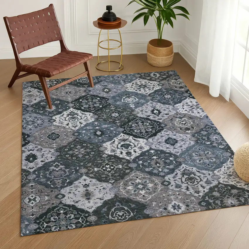 Denim Blue Gray And Ivory Floral Medallion Washable Indoor Outdoor Area Rug Photo 9