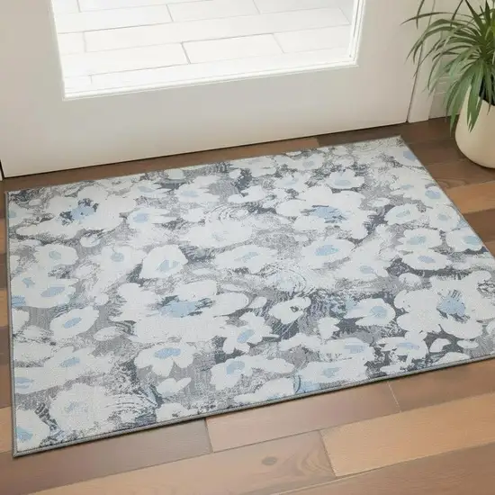 Denim Blue Gray And Ivory Floral Washable Area Rug With UV Protection Photo 1