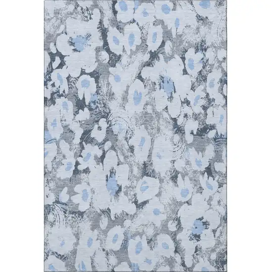 Denim Blue Gray And Ivory Floral Washable Area Rug With UV Protection Photo 4