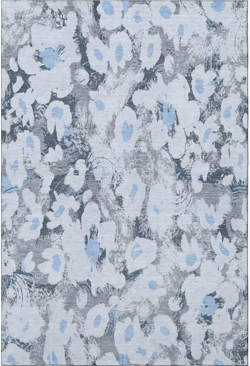 Denim Blue Gray And Ivory Floral Washable Area Rug With UV Protection Photo 4