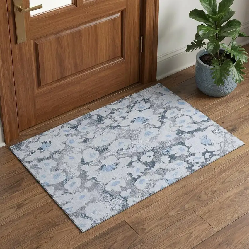 Denim Blue Gray And Ivory Floral Washable Area Rug With UV Protection Photo 1