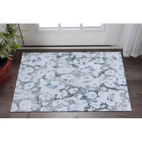 Denim Blue Gray And Ivory Floral Washable Area Rug With UV Protection Photo 2