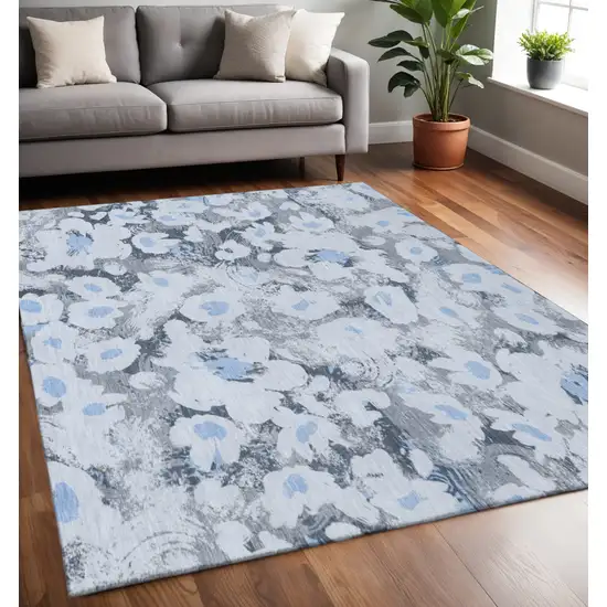 Denim Blue Gray And Ivory Floral Washable Area Rug With UV Protection Photo 2