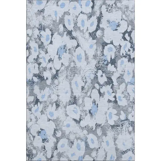 Denim Blue Gray And Ivory Floral Washable Area Rug With UV Protection Photo 6