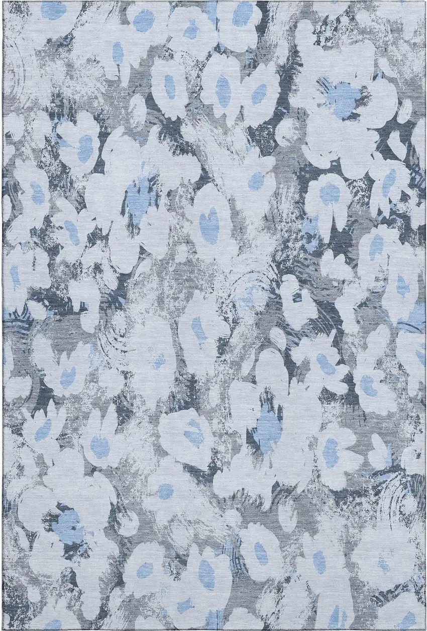 Denim Blue Gray And Ivory Floral Washable Area Rug With UV Protection Photo 6