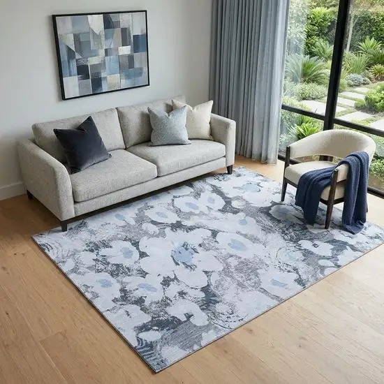 Denim Blue Gray And Ivory Floral Washable Area Rug With UV Protection Photo 1