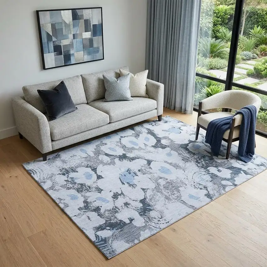 Denim Blue Gray And Ivory Floral Washable Area Rug With UV Protection Photo 1