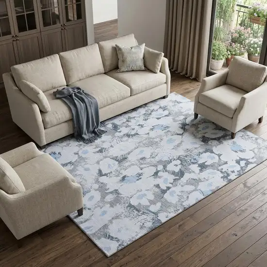Denim Blue Gray And Ivory Floral Washable Area Rug With UV Protection Photo 1