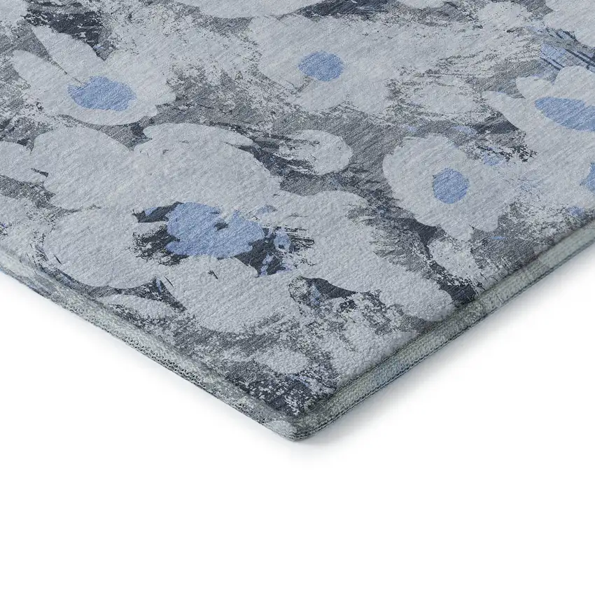 Denim Blue Gray And Ivory Floral Washable Area Rug With UV Protection Photo 8