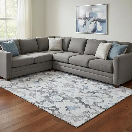 Denim Blue Gray And Ivory Floral Washable Area Rug With UV Protection Photo 1