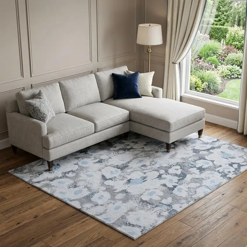 Denim Blue Gray And Ivory Floral Washable Area Rug With UV Protection Photo 1