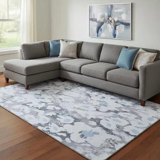 Denim Blue Gray And Ivory Floral Washable Area Rug With UV Protection Photo 1