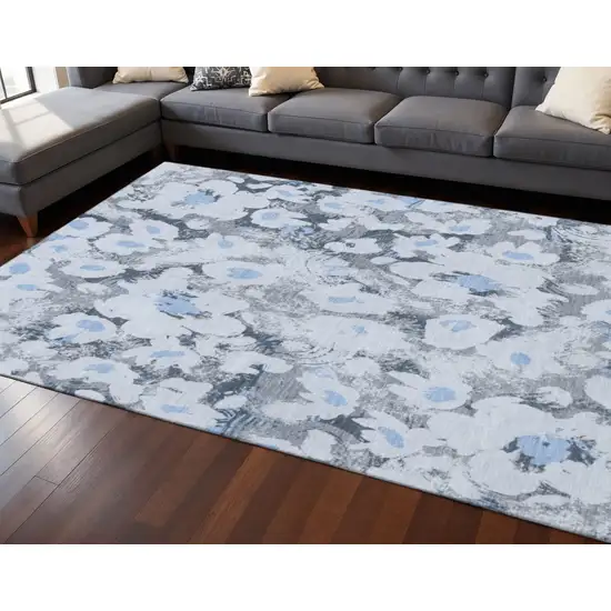 Denim Blue Gray And Ivory Floral Washable Area Rug With UV Protection Photo 2