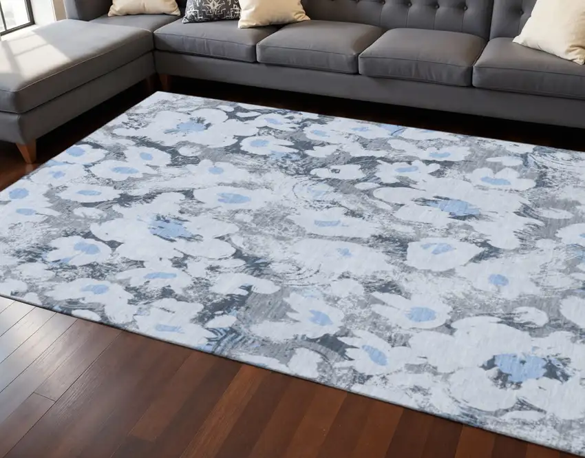Denim Blue Gray And Ivory Floral Washable Area Rug With UV Protection Photo 2