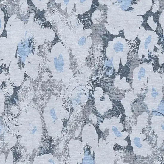 Denim Blue Gray And Ivory Floral Washable Area Rug With UV Protection Photo 3