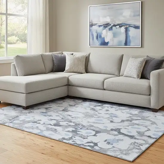 Denim Blue Gray And Ivory Floral Washable Area Rug With UV Protection Photo 1