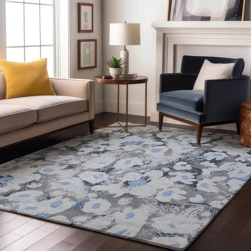 Denim Blue Gray And Ivory Floral Washable Area Rug With UV Protection Photo 5