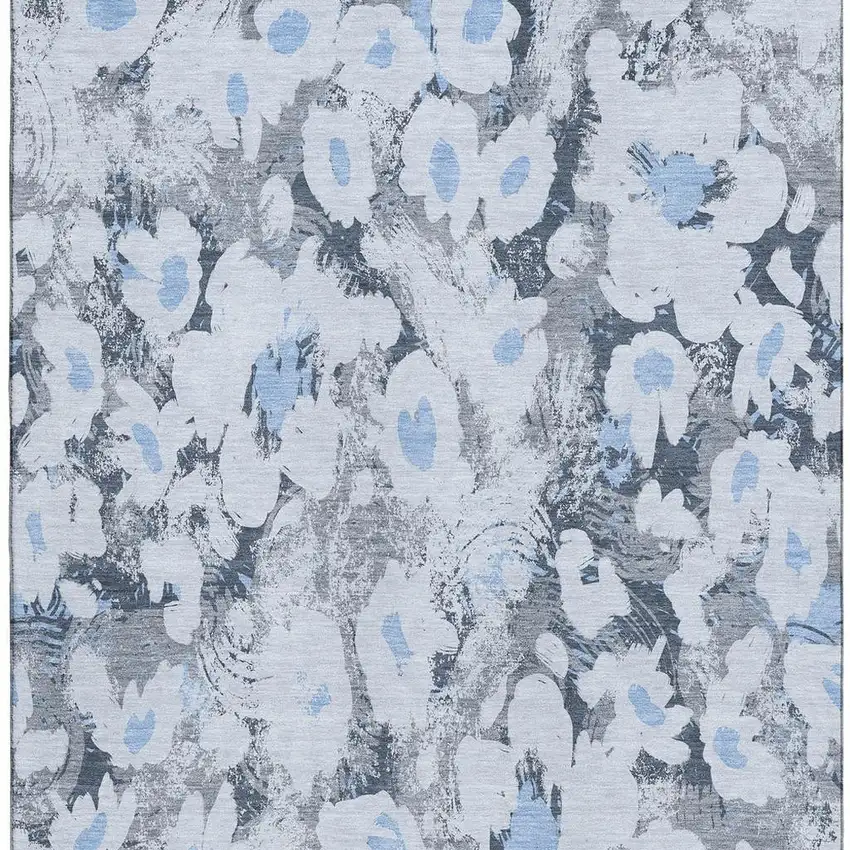 Denim Blue Gray And Ivory Floral Washable Area Rug With UV Protection Photo 4