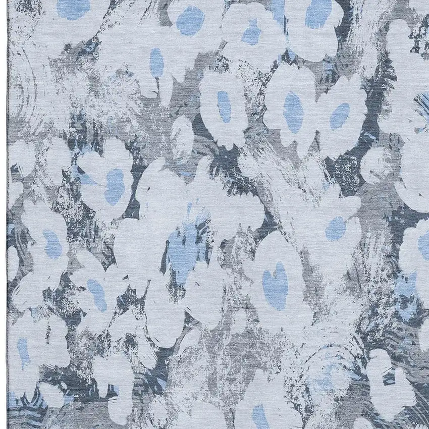 Denim Blue Gray And Ivory Floral Washable Area Rug With UV Protection Photo 3
