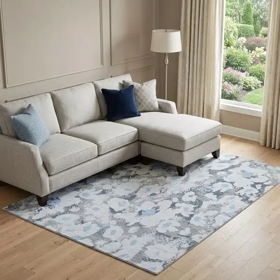 Denim Blue Gray And Ivory Floral Washable Area Rug With UV Protection Photo 1