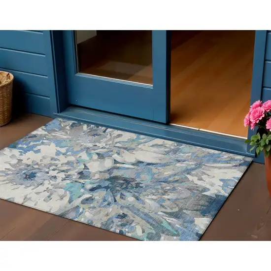 Denim Blue Gray And Ivory Floral Washable Indoor Outdoor Area Rug Photo 1