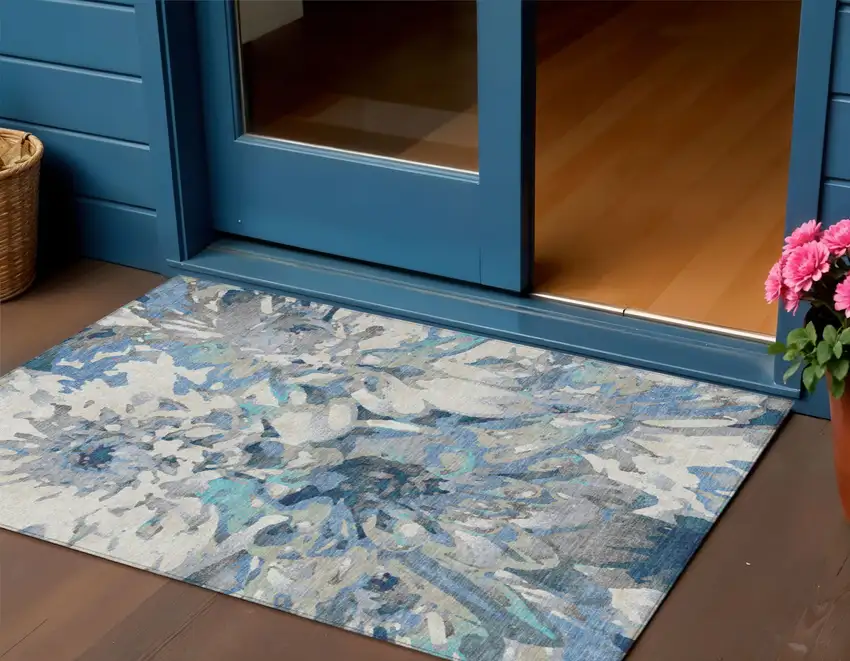 Denim Blue Gray And Ivory Floral Washable Indoor Outdoor Area Rug Photo 1