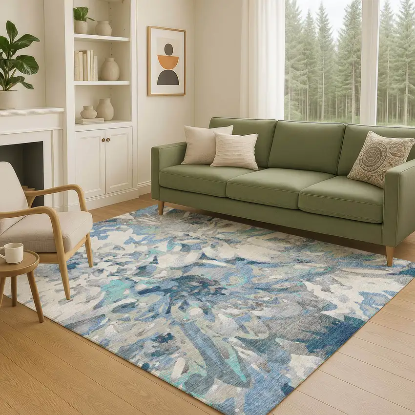 Denim Blue Gray And Ivory Floral Washable Indoor Outdoor Area Rug Photo 9