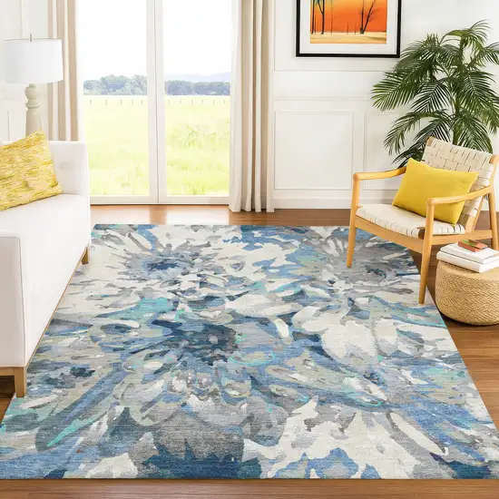 Denim Blue Gray And Ivory Floral Washable Indoor Outdoor Area Rug Photo 9