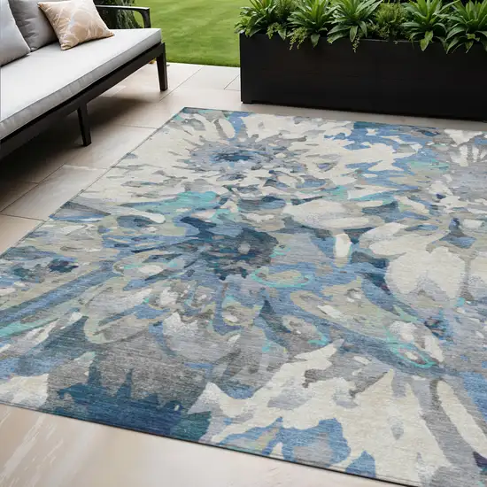 Denim Blue Gray And Ivory Floral Washable Indoor Outdoor Area Rug Photo 1