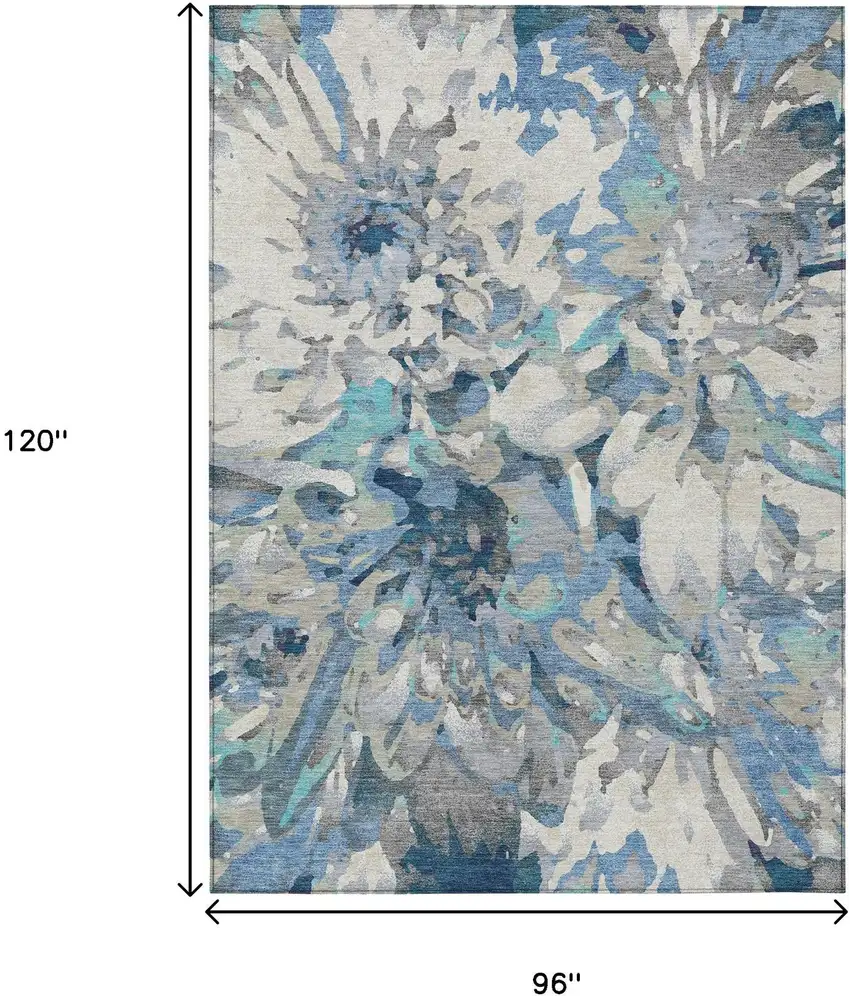 Denim Blue Gray And Ivory Floral Washable Indoor Outdoor Area Rug Photo 3