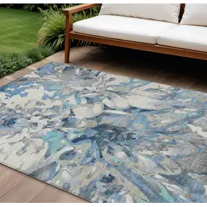 Photo of Denim Blue Gray And Ivory Floral Washable Indoor Outdoor Area Rug