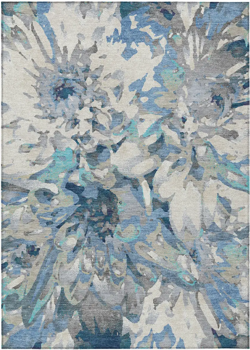 Denim Blue Gray And Ivory Floral Washable Indoor Outdoor Area Rug Photo 2