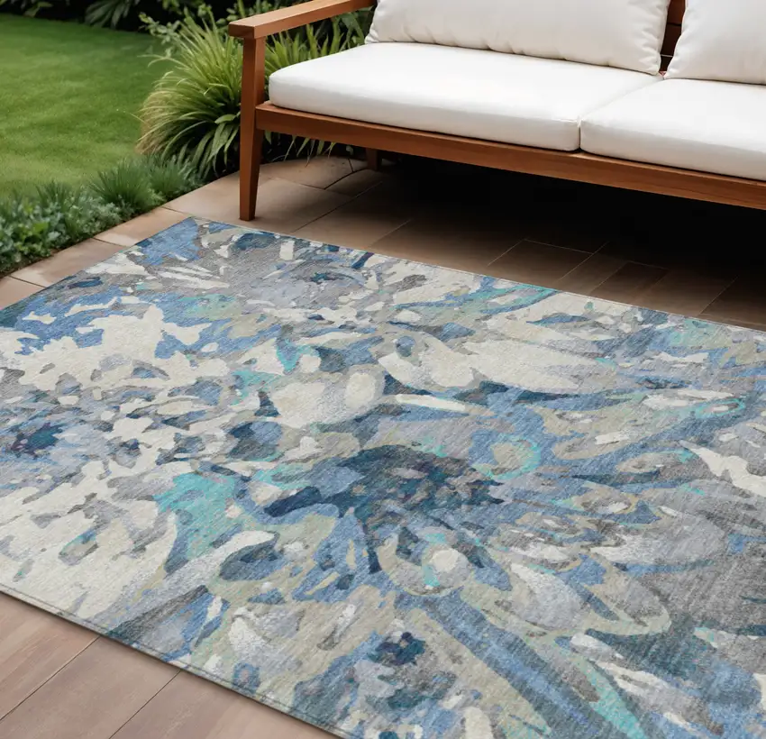 Denim Blue Gray And Ivory Floral Washable Indoor Outdoor Area Rug Photo 1