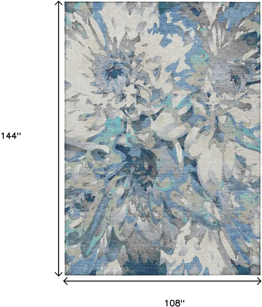 Denim Blue Gray And Ivory Floral Washable Indoor Outdoor Area Rug Photo 3