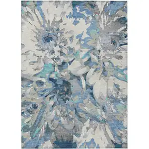 Photo of Denim Blue Gray And Ivory Floral Washable Indoor Outdoor Area Rug