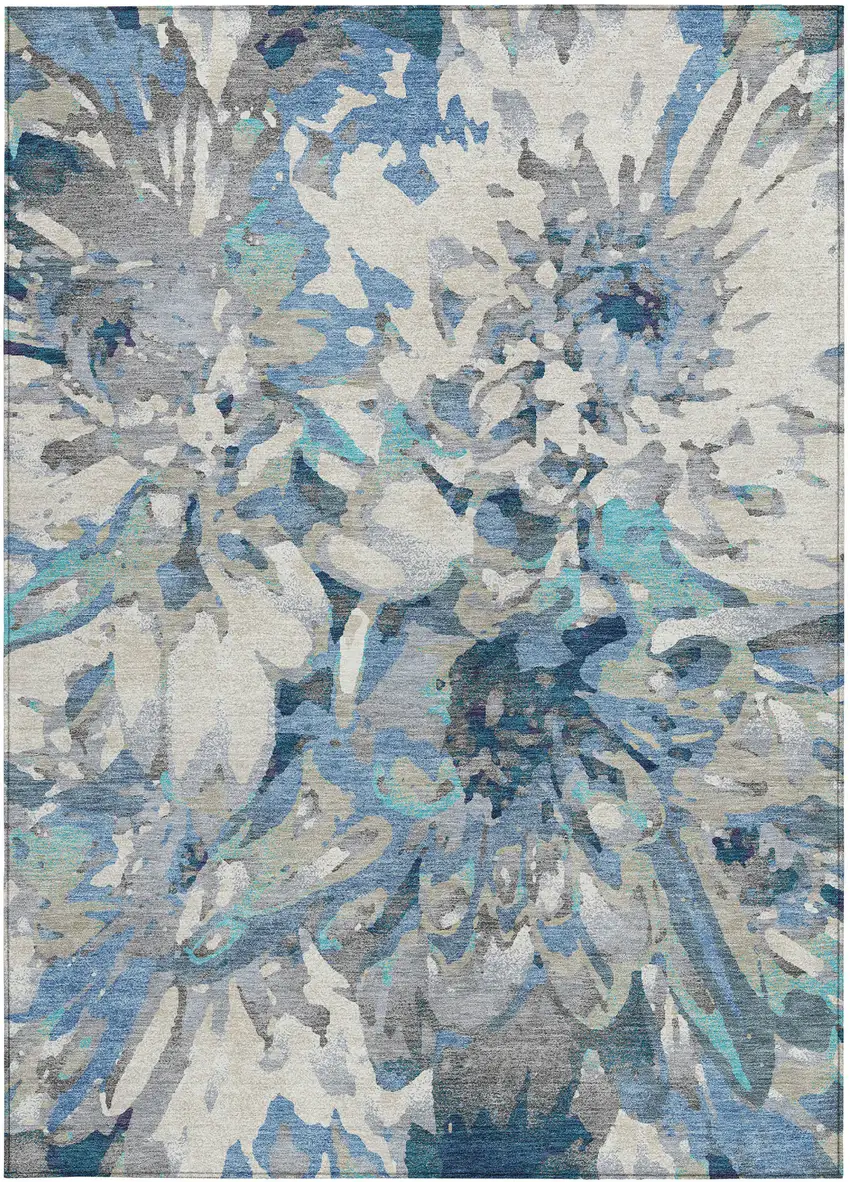 Denim Blue Gray And Ivory Floral Washable Indoor Outdoor Area Rug Photo 3