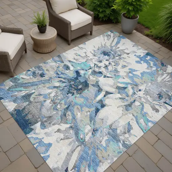 Denim Blue Gray And Ivory Floral Washable Indoor Outdoor Area Rug Photo 7