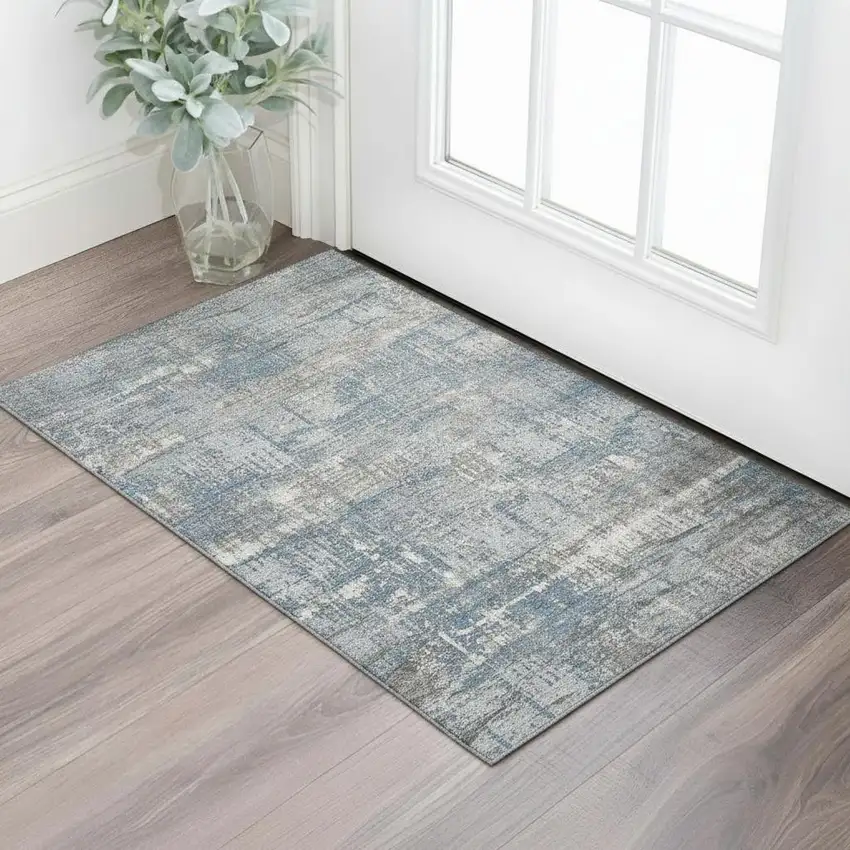 Denim Blue Gray And Ivory Geometric Washable Area Rug With UV Protection Photo 2