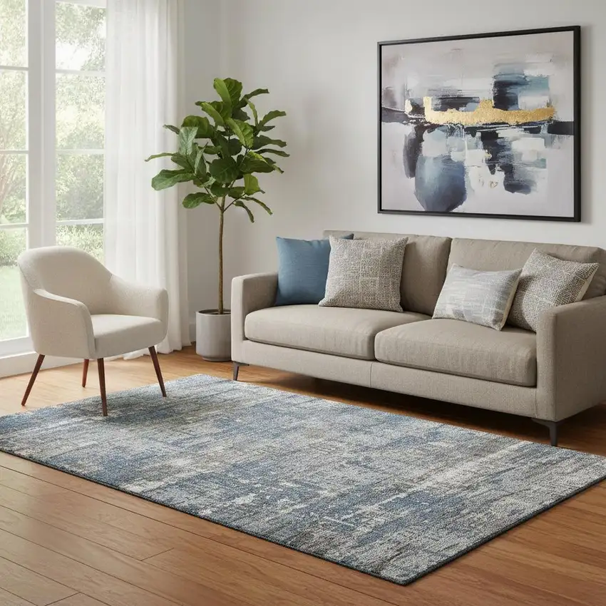 Denim Blue Gray And Ivory Geometric Washable Area Rug With UV Protection Photo 2