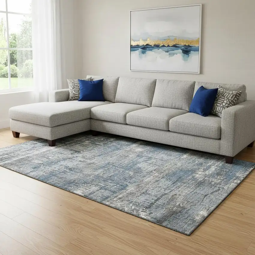 Denim Blue Gray And Ivory Geometric Washable Area Rug With UV Protection Photo 2