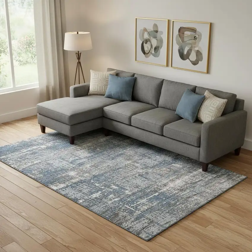 Denim Blue Gray And Ivory Geometric Washable Area Rug With UV Protection Photo 2